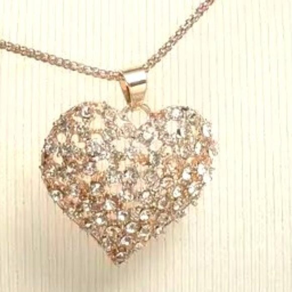 Heart Necklace Rhinestone Bold Statement Rose Gold Dangle Glam Trendy Stylish - Picture 2 of 3